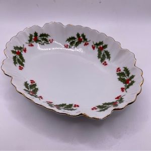 VTG Kashima Bon Bon Bowl Dish Christmas Holly Japan Porcelain Scalloped Gold Rim